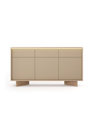 Komoda Semi 3D3S, trzydrzwiowa z szufladami, oświetlenie LED, Bolivar natur/ Cappuccino, Laski Meble