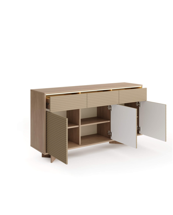 Komoda Semi 3D3S, trzydrzwiowa z szufladami, oświetlenie LED, Bolivar natur/ Cappuccino, Laski Meble