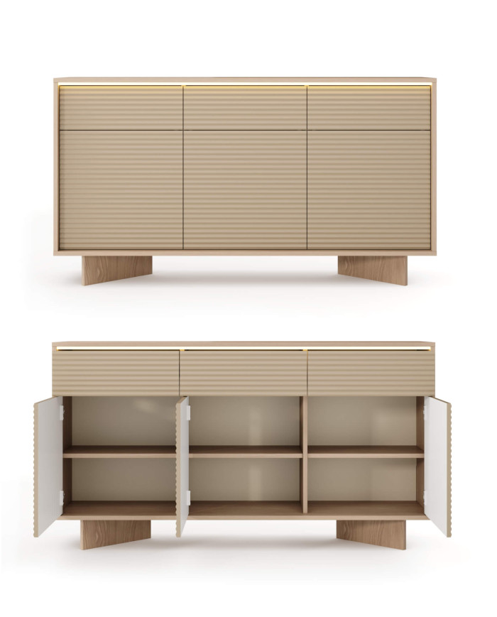 Komoda Semi 3D3S, trzydrzwiowa z szufladami, oświetlenie LED, Bolivar natur/ Cappuccino, Laski Meble