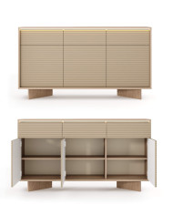 Komoda Semi 3D3S, trzydrzwiowa z szufladami, oświetlenie LED, Bolivar natur/ Cappuccino, Laski Meble