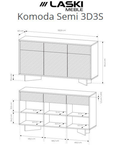 Komoda Semi 3D3S, trzydrzwiowa z szufladami, oświetlenie LED, Bolivar natur/ Cappuccino, Laski Meble
