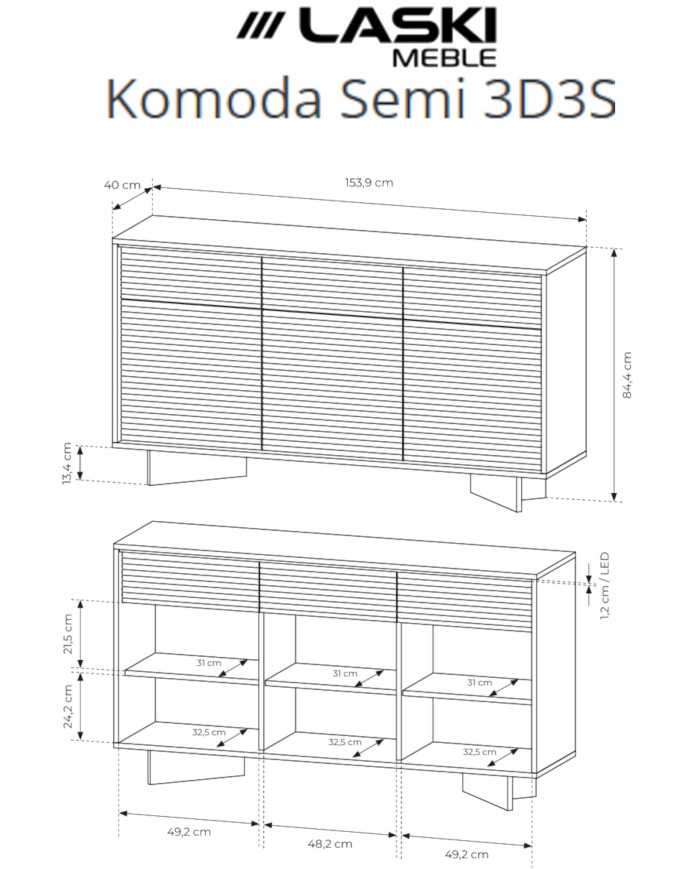 Komoda Semi 3D3S, trzydrzwiowa z szufladami, oświetlenie LED, Bolivar natur/ Cappuccino, Laski Meble