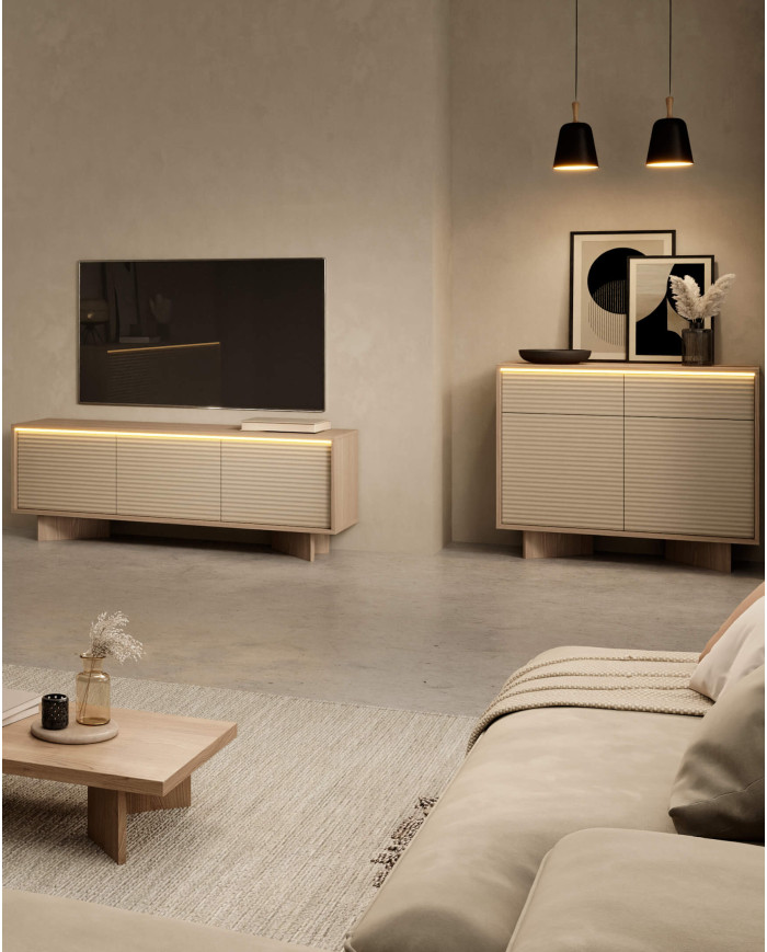 Komoda Semi 2D2S, dwudrzwiowa z szufladami, oświetlenie LED, Bolivar natur/ Cappuccino, Laski Meble