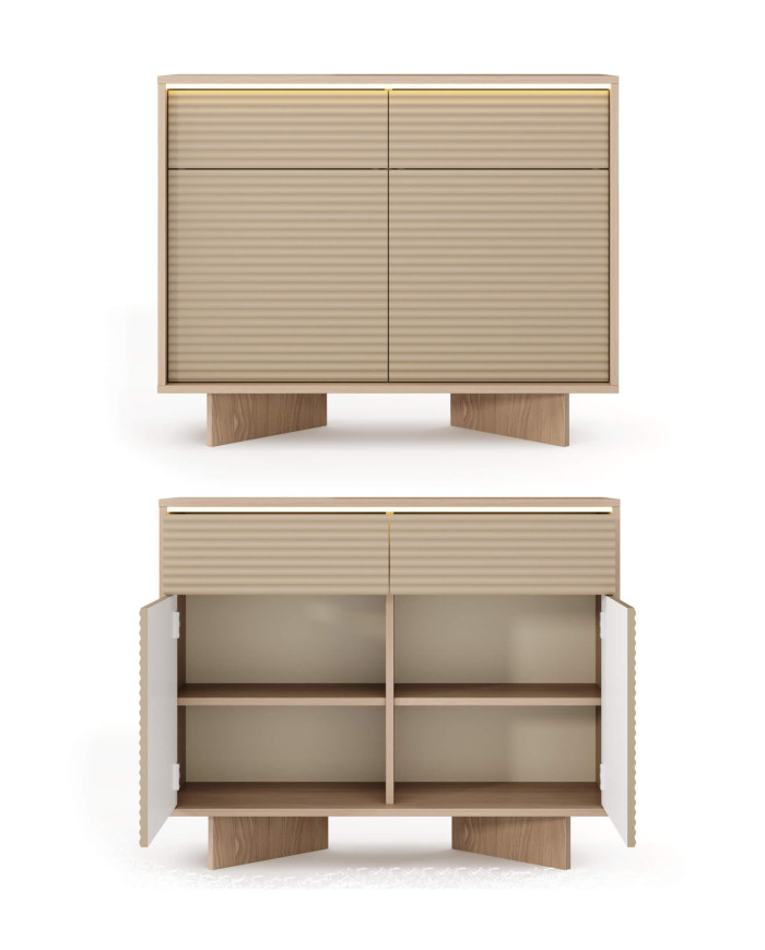 Komoda Semi 2D2S, dwudrzwiowa z szufladami, oświetlenie LED, Bolivar natur/ Cappuccino, Laski Meble