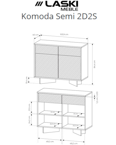 Komoda Semi 2D2S, dwudrzwiowa z szufladami, oświetlenie LED, Bolivar natur/ Cappuccino, Laski Meble