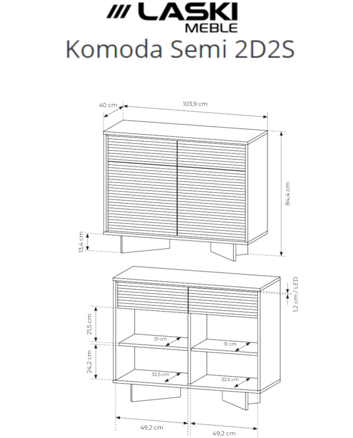 Komoda Semi 2D2S, dwudrzwiowa z szufladami, oświetlenie LED, Bolivar natur/ Cappuccino, Laski Meble