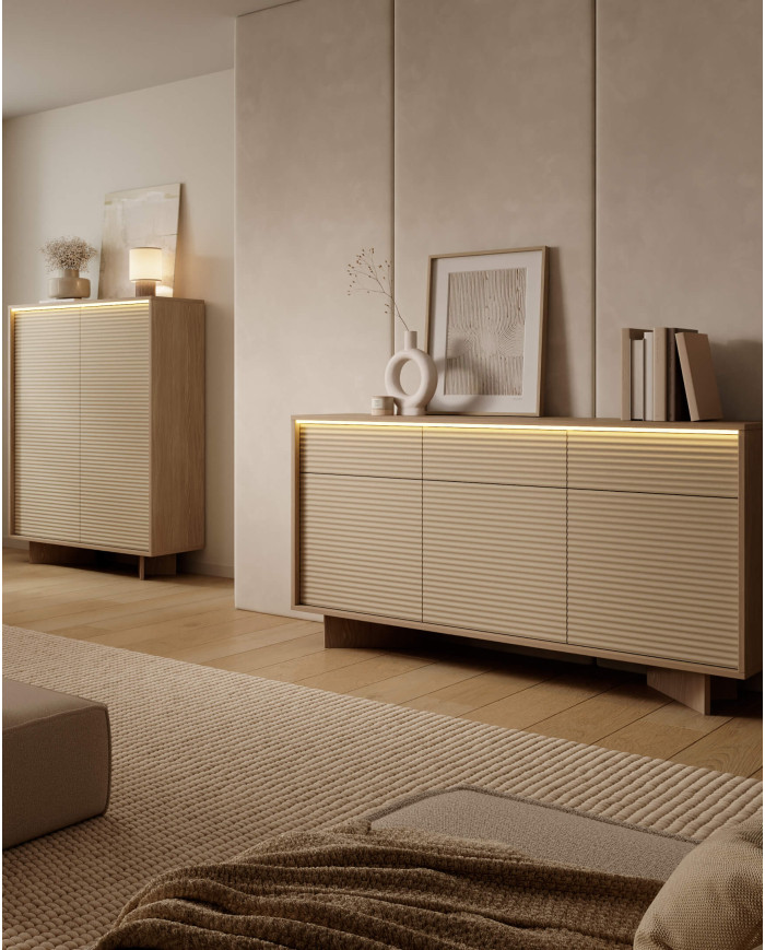 Szafka rtv Semi 4D, czterodrzwiowa, oświetlenie LED, Bolivar natur/ Cappuccino, Laski Meble