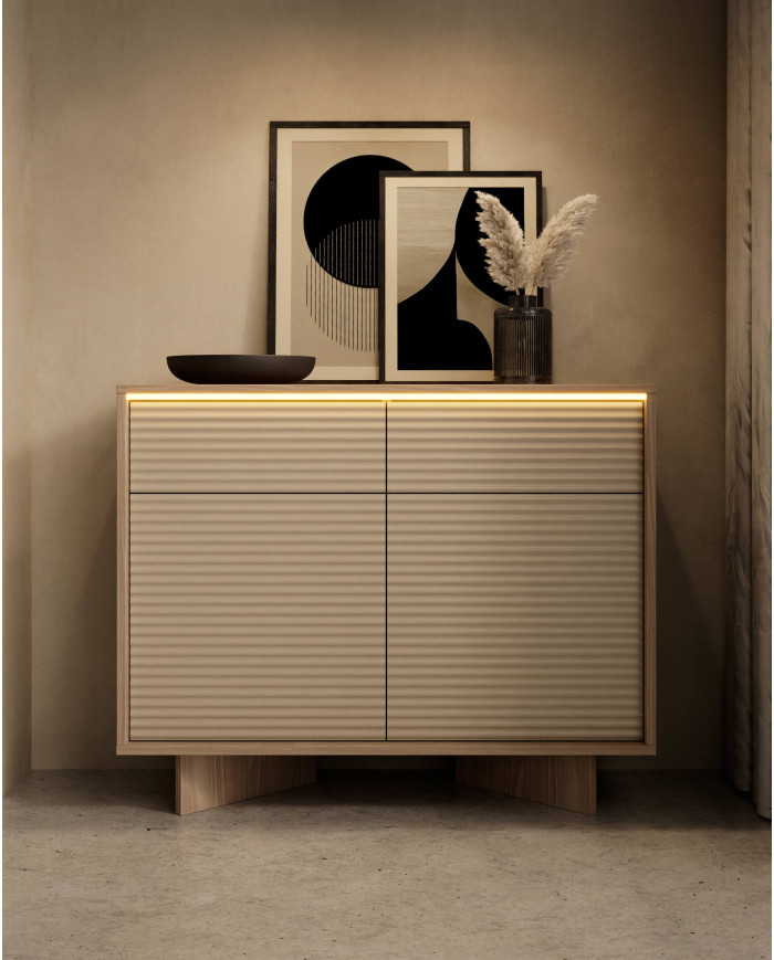 Szafka rtv Semi 3D, trzydrzwiowa, oświetlenie LED, Bolivar natur/ Cappuccino, Laski Meble