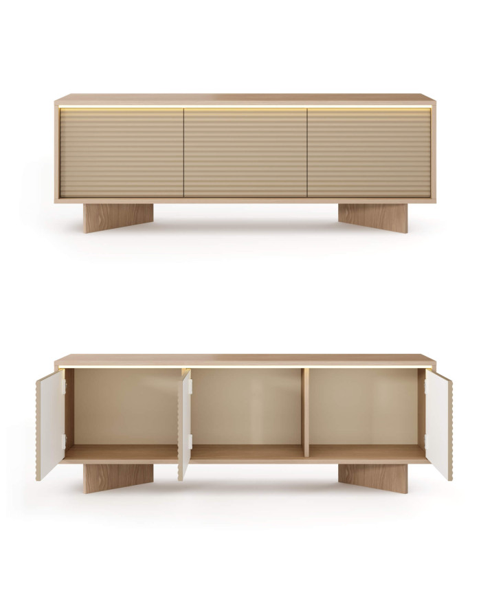 Szafka rtv Semi 3D, trzydrzwiowa, oświetlenie LED, Bolivar natur/ Cappuccino, Laski Meble