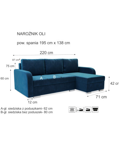 Narożnik Oli, funkcja spania, pojemnik, Antex