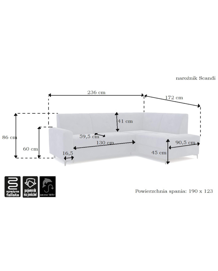 Narożnik Scandi, funkcja spania, pojemnik, Antex