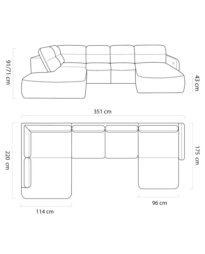 Narożnik Calvano XL, elektrycznie wysuwane siedzisko, pojemnik, Wersal