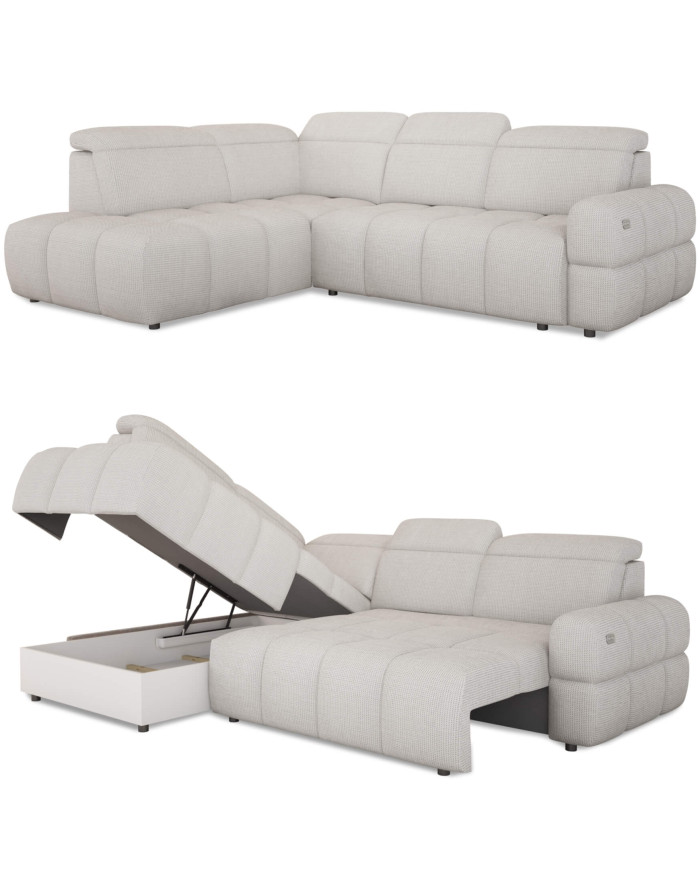 Narożnik Mateo L, funkcja spania, elektryczny wysuw siedziska, pojemnik, regulowane zagłówki, Wersal