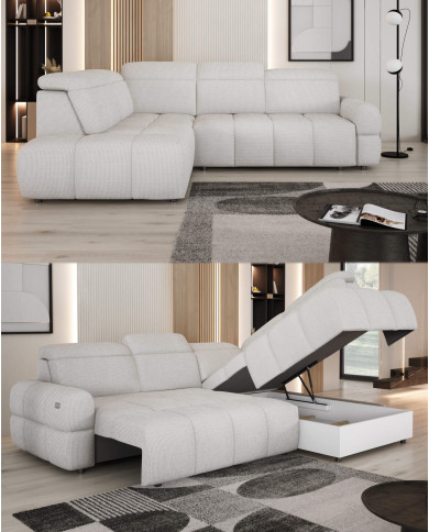 Narożnik Mateo L, funkcja spania, elektryczny wysuw siedziska, pojemnik, regulowane zagłówki, Wersal