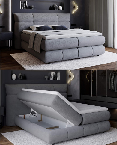 Łóżko kontynentalne Carmelo 160x200 cm, boxspring, tapicerowane, materace, pojemniki, Wersal