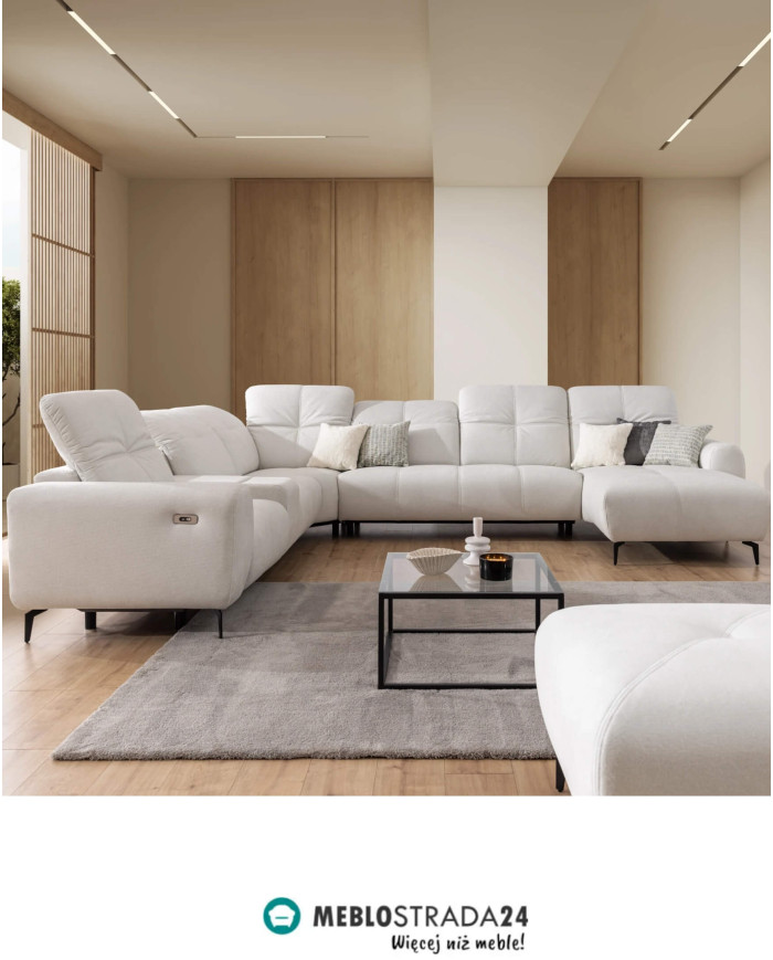 Narożnik Este OB+3+R+1+PANEL P+1B REC, recliner, schowek, regulowane zagłówki, Stagra