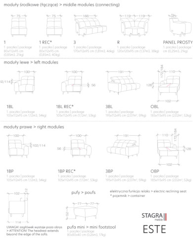 Sofa Este 1B+PANEL P+1BP REC, recliner, schowek, regulowane zagłówki, Stagra