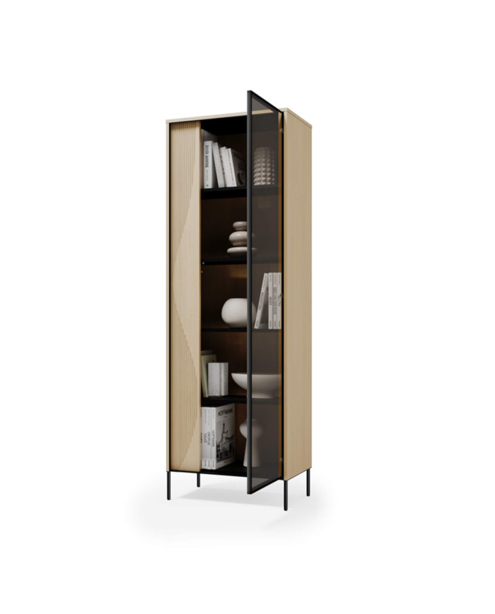 Witryna Flow FW-08 z oświetleniem, jednodrzwiowa, Dąb vincenza bielona/ czarny, LENART
