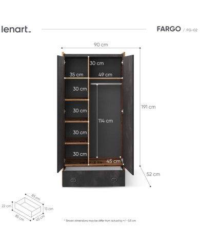 Szafa Fargo FG-02, dwudrzwiowa z szufladą, Świerk alpejski/ Raw steel, LENART