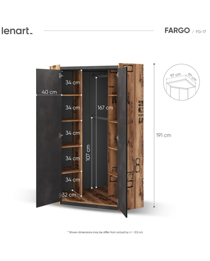 Szafa narożna Fargo FG-17, dwudrzwiowa, Świerk alpejski/ Raw steel, LENART