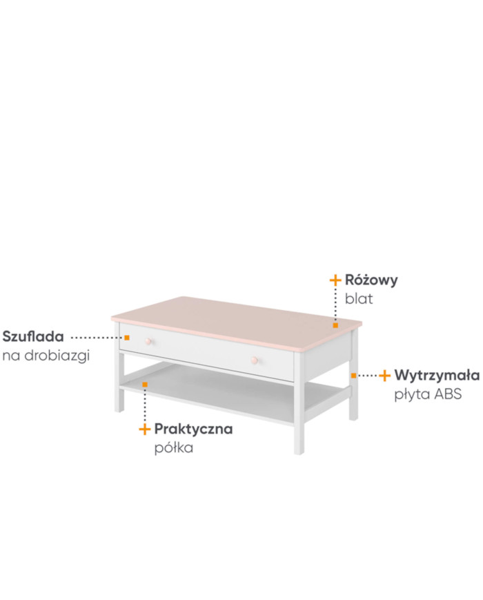 Stolik kawowy Luna LN-15, półka, szuflada, Biały/ Różowy, LENART