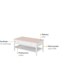 Stolik kawowy Luna LN-15, półka, szuflada, Biały/ Różowy, LENART