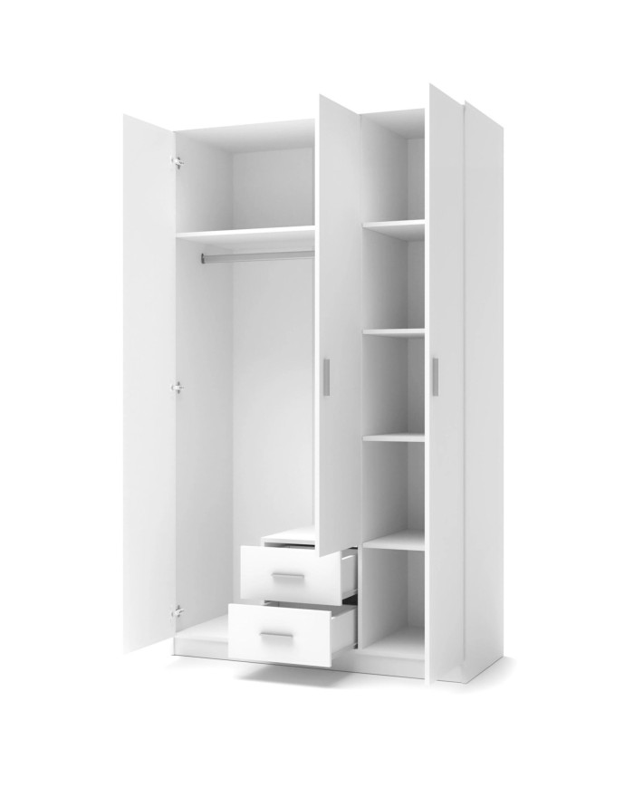 Szafa 120 cm, S-3 Lima z lustrem, 3-drzwiowa, szuflady, półki, drążek, biała