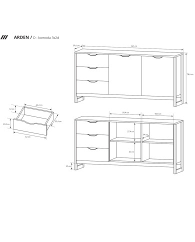 Komoda Arden 160, dwudrzwiowa z szufladami, Laski Meble Komoda Arden 160, dwudrzwiowa z szufladami, Laski Meble