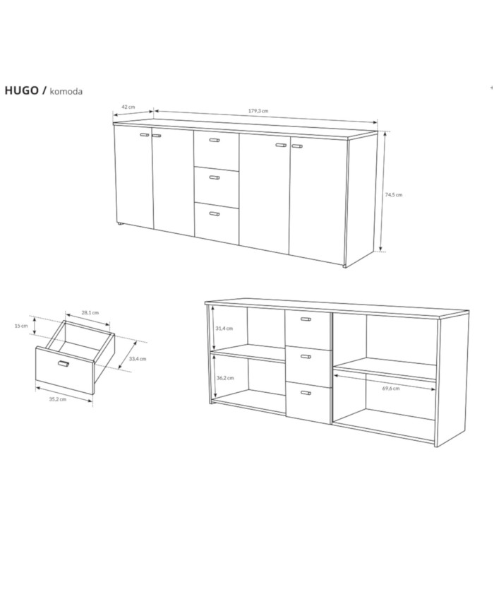 Komoda Hugo 4d3s, z drzwiami i szufladami, dąb sonoma, Laski Meble
