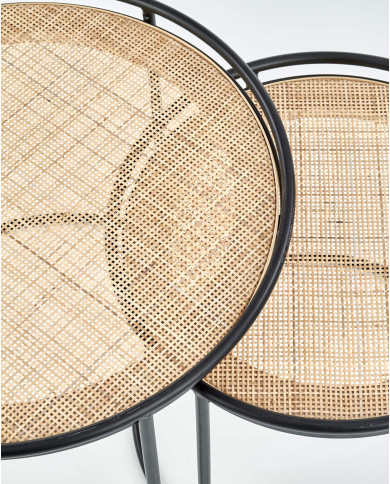 Stoliki kawowe Manado 2w1, rattan naturalny, okrągłe, podstawa metalowa czarna, HALMAR Stoliki kawowe Manado 2w1, rattan naturalny, okrągłe, podstawa metalowa czarna, HALMAR