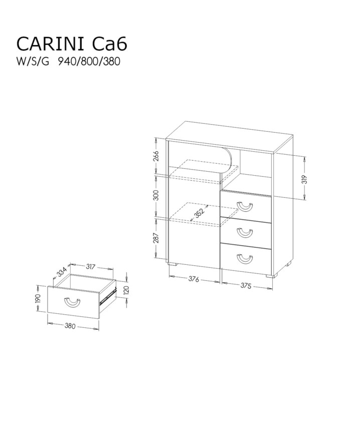 Komoda Carini CA6, dąb nash/biały brylantowy/grafit, z szufladami i drzwiami, DOLMAR