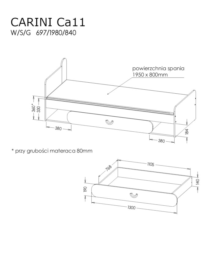 Łóżko Carini CA11, dąb nash/biały brylantowy/grafit, 80x195 cm, pojemnik, stelaż, DOLMAR