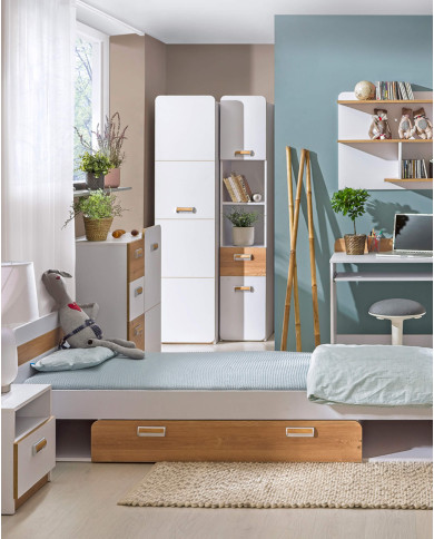 Szafa młodzieżowa, dwudrzwiowa Lorento L1, z drzwiami i szufladami, biały brylantowy/ dąb nash, DOLMAR Szafa młodzieżowa, dwudrzwiowa Lorento L1, z drzwiami i szufladami, biały brylantowy/ dąb nash, DOLMAR