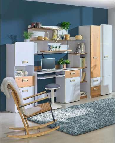 Regał Lorento L3, z szufladą, drzwiami i półkami, biały brylantowy/ dąb nash, DOLMAR Regał Lorento L3, z szufladą, drzwiami i półkami, biały brylantowy/ dąb nash, DOLMAR