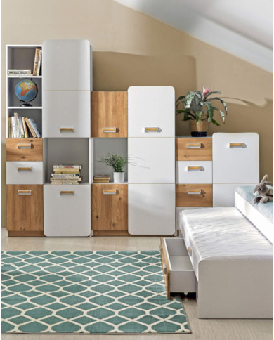 Regał szeroki Lorento L5, z drzwiami i wnęką, biały brylantowy/ dąb nash, DOLMAR Regał szeroki Lorento L5, z drzwiami i wnęką, biały brylantowy/ dąb nash, DOLMAR