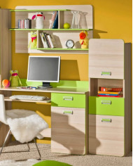 Biurko Lorento L10, z szafką, półką wysuwaną i szufladą, jesion coimbra/ zieleń limonki, DOLMAR