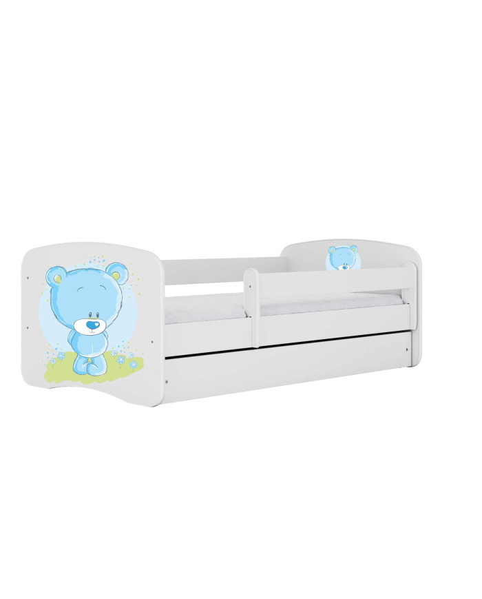 Łóżko młodzieżowe Babydreams, 80x180 cm, szuflada, stelaż, materac, barierka, niebieski miś, KOCOT KIDS