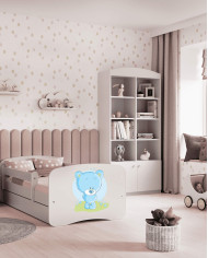 Łóżko młodzieżowe Babydreams, 80x180 cm, szuflada, stelaż, materac, barierka, niebieski miś, KOCOT KIDS