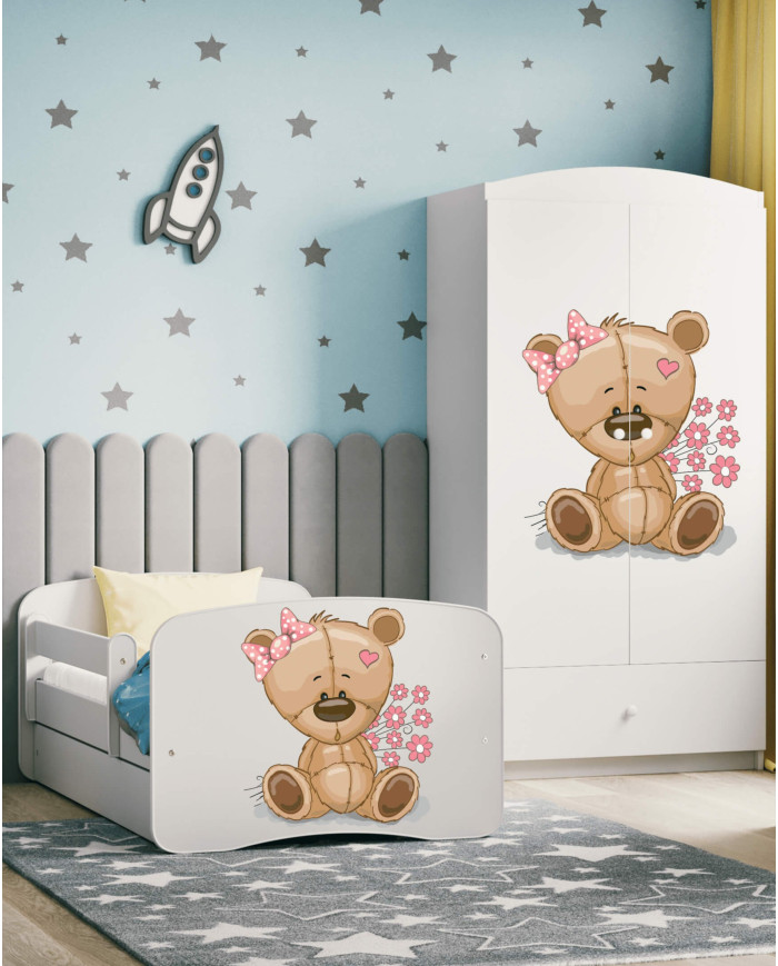 Łóżko młodzieżowe Babydreams, 80x180 cm, szuflada, stelaż, materac, barierka, miś i kwiatki, KOCOT KIDS