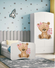 Łóżko młodzieżowe Babydreams, 80x180 cm, szuflada, stelaż, materac, barierka, miś i kwiatki, KOCOT KIDS