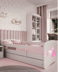 Łóżko młodzieżowe Babydreams, 80x180 cm, szuflada, stelaż, materac, barierka, księżniczka i konik, KOCOT KIDS
