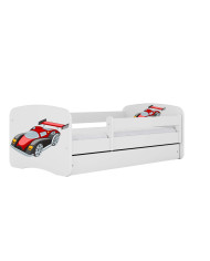 Łóżko młodzieżowe Babydreams, 80x180 cm, szuflada, stelaż, materac, barierka, auto wyścigowe, KOCOT KIDS