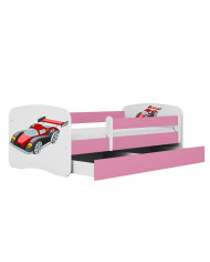 Łóżko młodzieżowe Babydreams, 80x180 cm, szuflada, stelaż, materac, barierka, auto wyścigowe, KOCOT KIDS