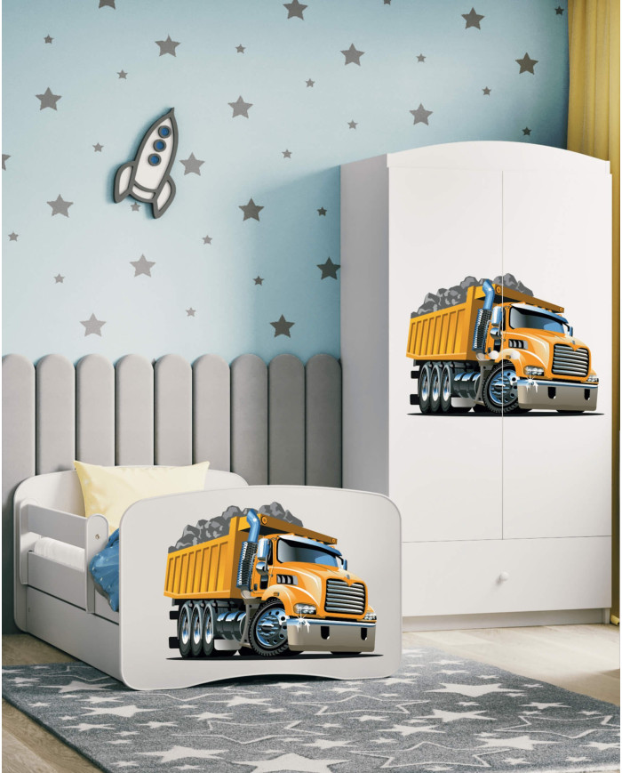 Łóżko młodzieżowe Babydreams, 80x180 cm, szuflada, stelaż, materac, barierka, ciężarówka, KOCOT KIDS