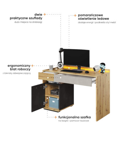 Biurko Qubic QB-08, drzwi, szuflady, wnęka, oświetlenie, LENART