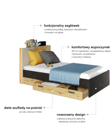 Łóżko Qubic QB-11, 120x200 cm, szuflady, stelaż, oświetlenie, LENART Łóżko Qubic QB-11, 120x200 cm, szuflady, stelaż, oświetlenie, LENART