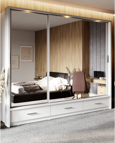 Szafa przesuwna, 250 cm, AR-01P-3L ARTI, 3-drzwiowa, lustra, szuflady, oświetlenie, biała, LENART Szafa przesuwna, 250 cm, AR-01P-3L ARTI, 3-drzwiowa, lustra, szuflady, oświetlenie, biała, LENART