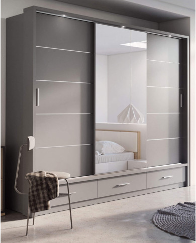 Szafa przesuwna, 250 cm, AR-01P ARTI, 3-drzwiowa, lustro, szuflady, oświetlenie, szara, LENART Szafa przesuwna, 250 cm, AR-01P ARTI, 3-drzwiowa, lustro, szuflady, oświetlenie, szara, LENART