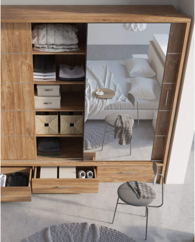 Szafa przesuwna, 250 cm, AR-01P ARTI, 3-drzwiowa, lustro, szuflady, oświetlenie, dąb styrling, LENART Szafa przesuwna, 250 cm, AR-01P ARTI, 3-drzwiowa, lustro, szuflady, oświetlenie, dąb styrling, LENART