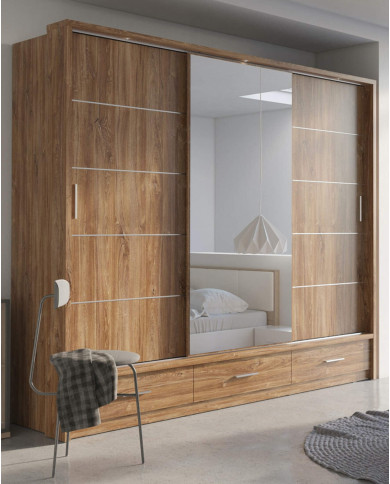 Szafa przesuwna, 250 cm, AR-01P ARTI, 3-drzwiowa, lustro, szuflady, oświetlenie, dąb styrling, LENART Szafa przesuwna, 250 cm, AR-01P ARTI, 3-drzwiowa, lustro, szuflady, oświetlenie, dąb styrling, LENART